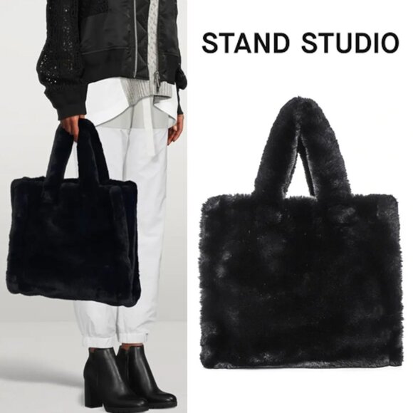 STAND STUDIO Black Lolita Teddy Tote Medium Plush Faux Fur Tote Bag $360 Soft - Picture 1 of 15
